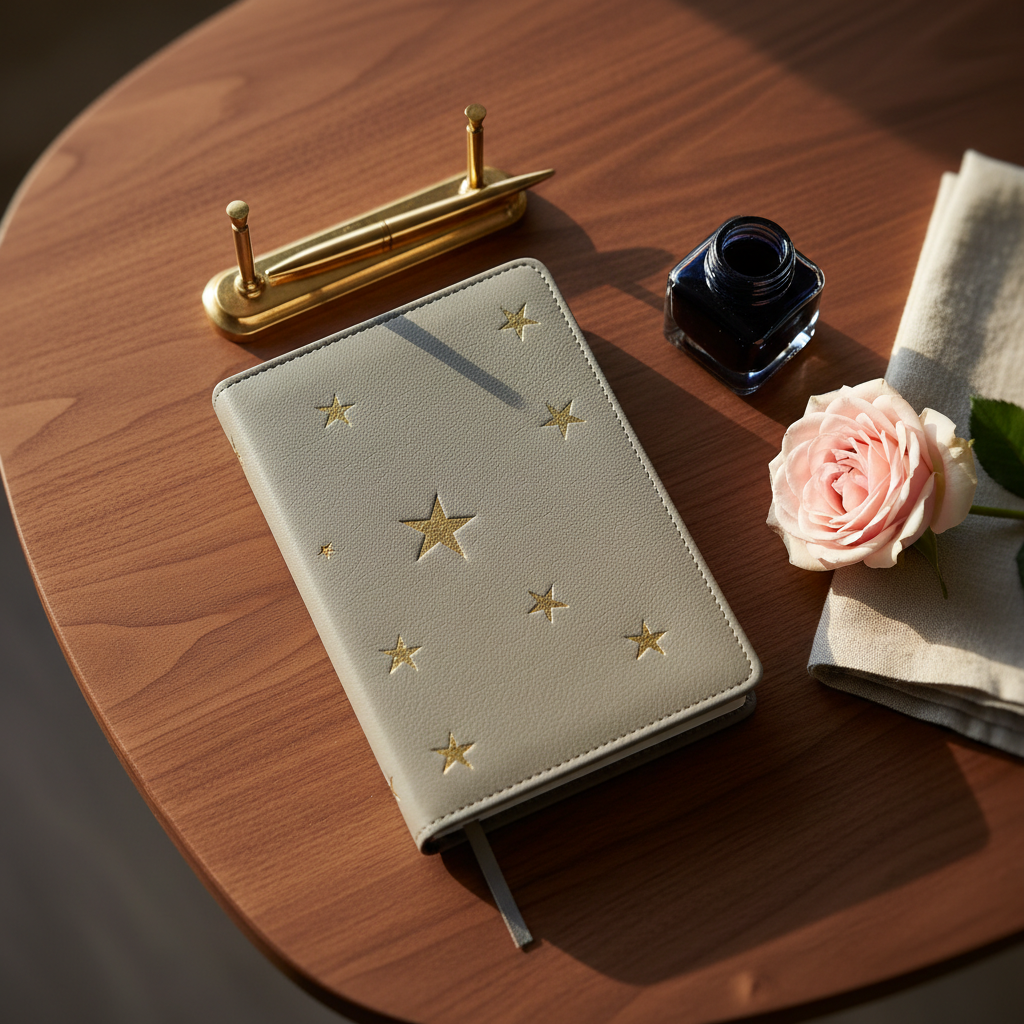 A meticulously arranged flatlay of a small writing nook: a smooth walnut desk with rounded edges, a closed dove-gray leather journal with embossed gold stars on the cover, and a delicate glass ink bottle half-filled with deep indigo ink. A single pale pink rose, slightly unfurled, rests beside a folded linen napkin. Warm late-afternoon light pours in from the left, creating soft highlights on the leather and gentle shadows that pool along the wooden grain. Captured from a bird’s-eye view with photographic realism, the edges of the frame fall into a subtle blur, drawing the eye toward the journal as the central anchor. The mood is sophisticated, calm, and quietly romantic, suggesting a ritual of reflective evening writing.