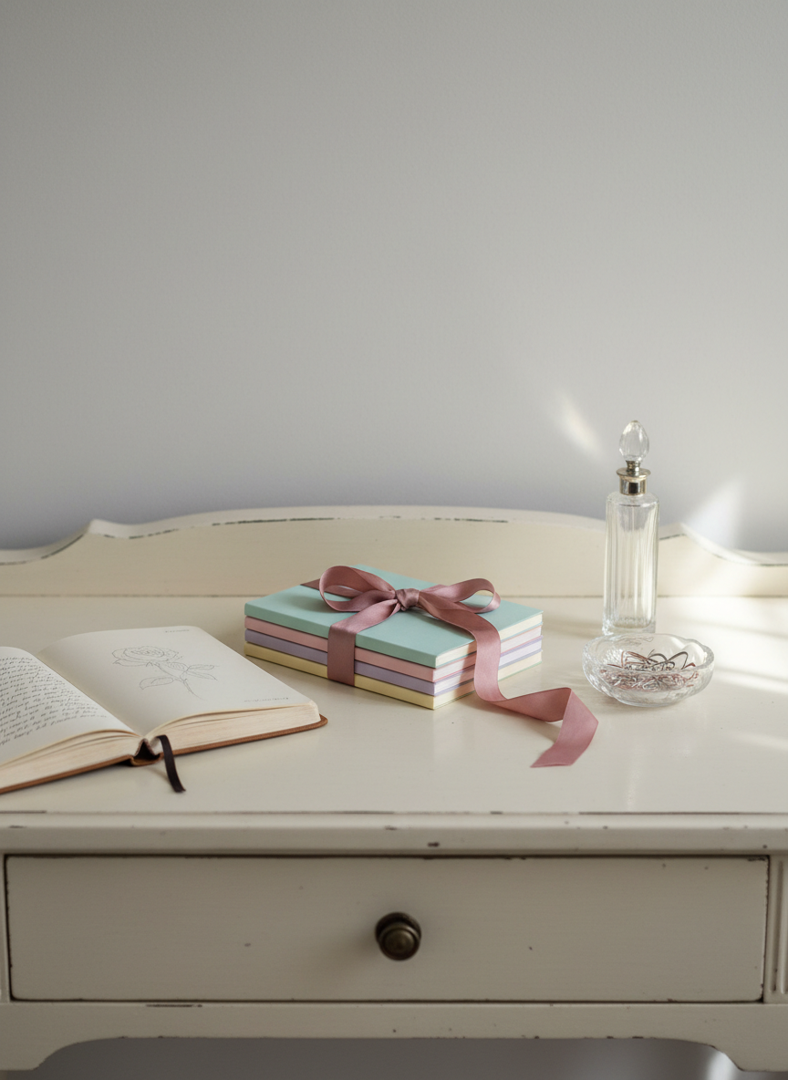 A vintage vanity table in muted ivory stands against a pale dove-gray wall, its surface adorned with a stack of slim, pastel-hued notebooks tied together with a silk ribbon in dusty rose. A small crystal dish holds scattered paperclips shaped like tiny hearts, and a delicate glass perfume bottle with faceted edges catches the light. Nearby, an open journal reveals a page of flowing script and a faint graphite sketch of a flower. Soft, diffused afternoon light enters from an unseen side window, creating shimmering highlights on the crystal and perfume glass. Captured straight-on with moderate depth of field, the photographic style is elegant and slightly nostalgic, evoking the romance of private thoughts and daydreams preserved in writing.
