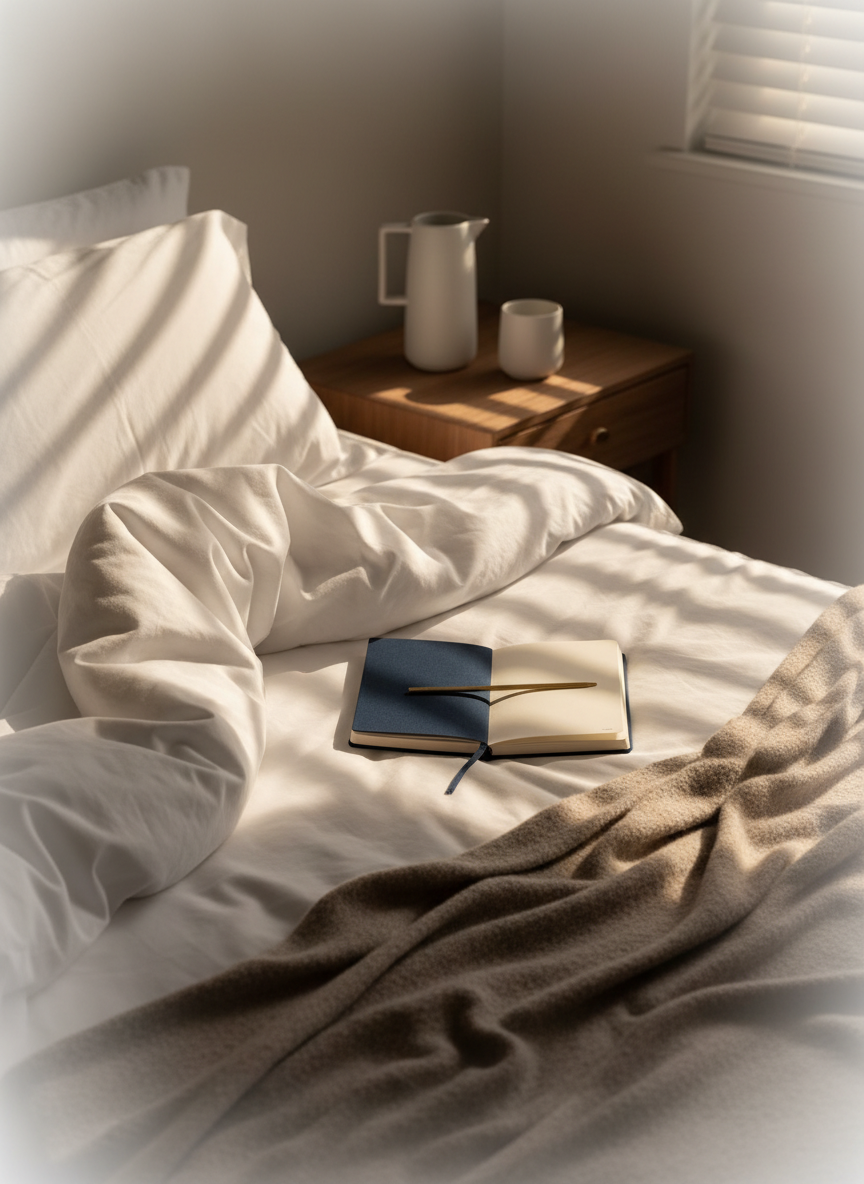 An unmade bed dressed in crisp white cotton sheets and a cashmere throw in muted taupe, slightly rumpled as if just vacated, with a slim, navy cloth-covered notebook resting open near the pillow. A slender brass bookmark peeks out between creamy pages, and a ceramic bedside carafe and tumbler in soft matte white sit on a minimalist wooden nightstand. Early golden hour light slips through slatted blinds, creating delicate bands of light and shadow across the bed and notebook. Photographed from a slightly elevated corner angle with a gentle vignette and shallow depth of field, the scene feels intimate, quiet, and cinematic. The photographic style is refined and serene, capturing the romance of solitary morning reflections and daydreams.