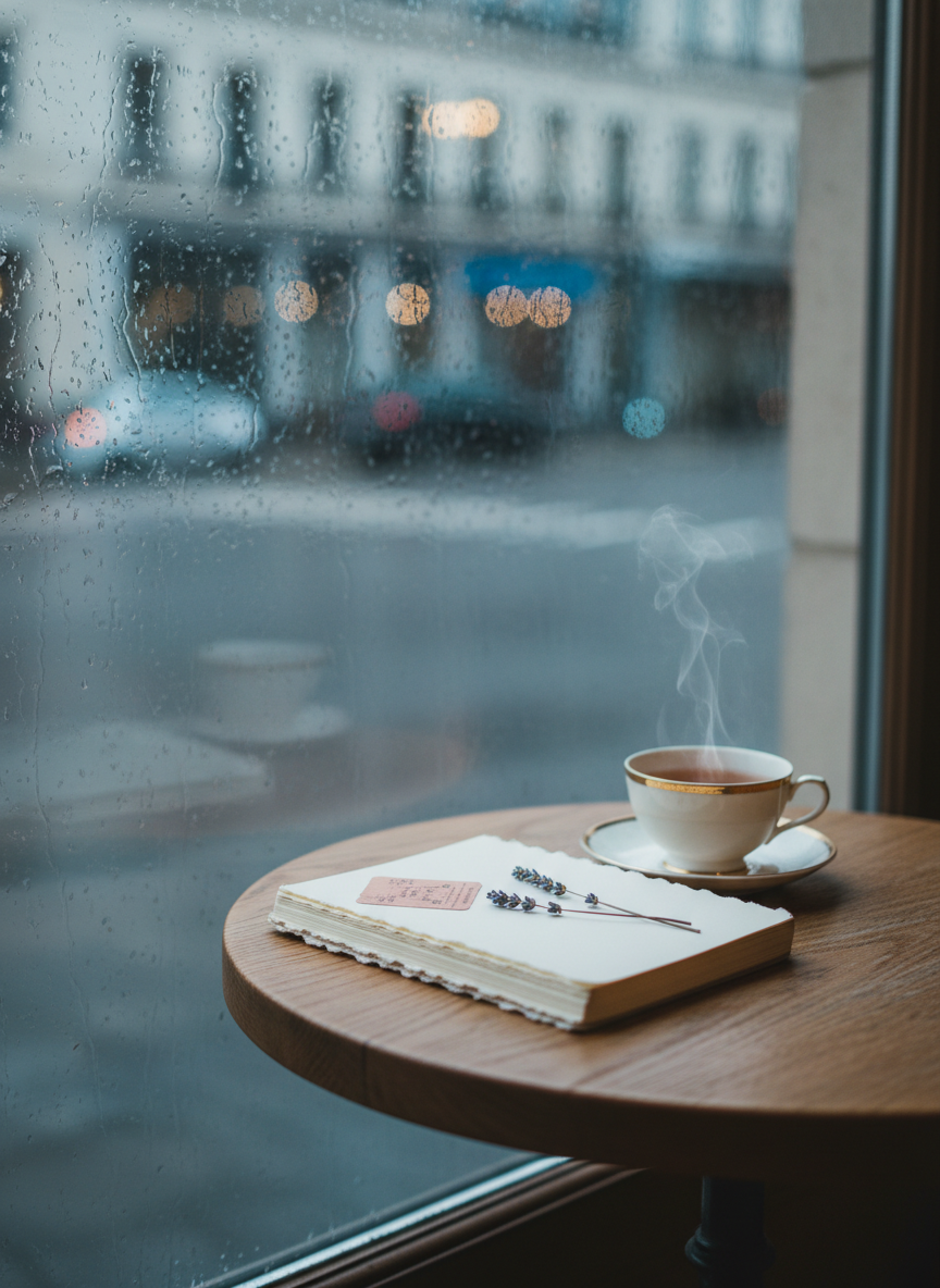 A small café table beside a rain-streaked window, its round surface made of aged oak with a subtle patina. On the table sits a slender cream-colored notebook with deckled edges, slightly ajar, revealing a pressed train ticket and a dried lavender sprig tucked between its pages. Beside it, a porcelain cup of tea with a thin gold rim sends up a faint curl of steam. Outside, the blurred cityscape and soft bokeh of twinkling lights set a dreamy backdrop. Overcast daylight filters through the glass, cooled and diffused, casting a gentle, wistful glow. Shot at a three-quarter angle with the notebook in sharp focus and the background softly receding, the photographic realism and muted palette evoke quiet romance and reflective travel journaling.